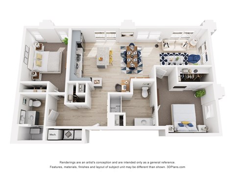 A 3D floor plan of a two bedroom two bathroom apartment with a kitchen, living room, and two bedrooms.